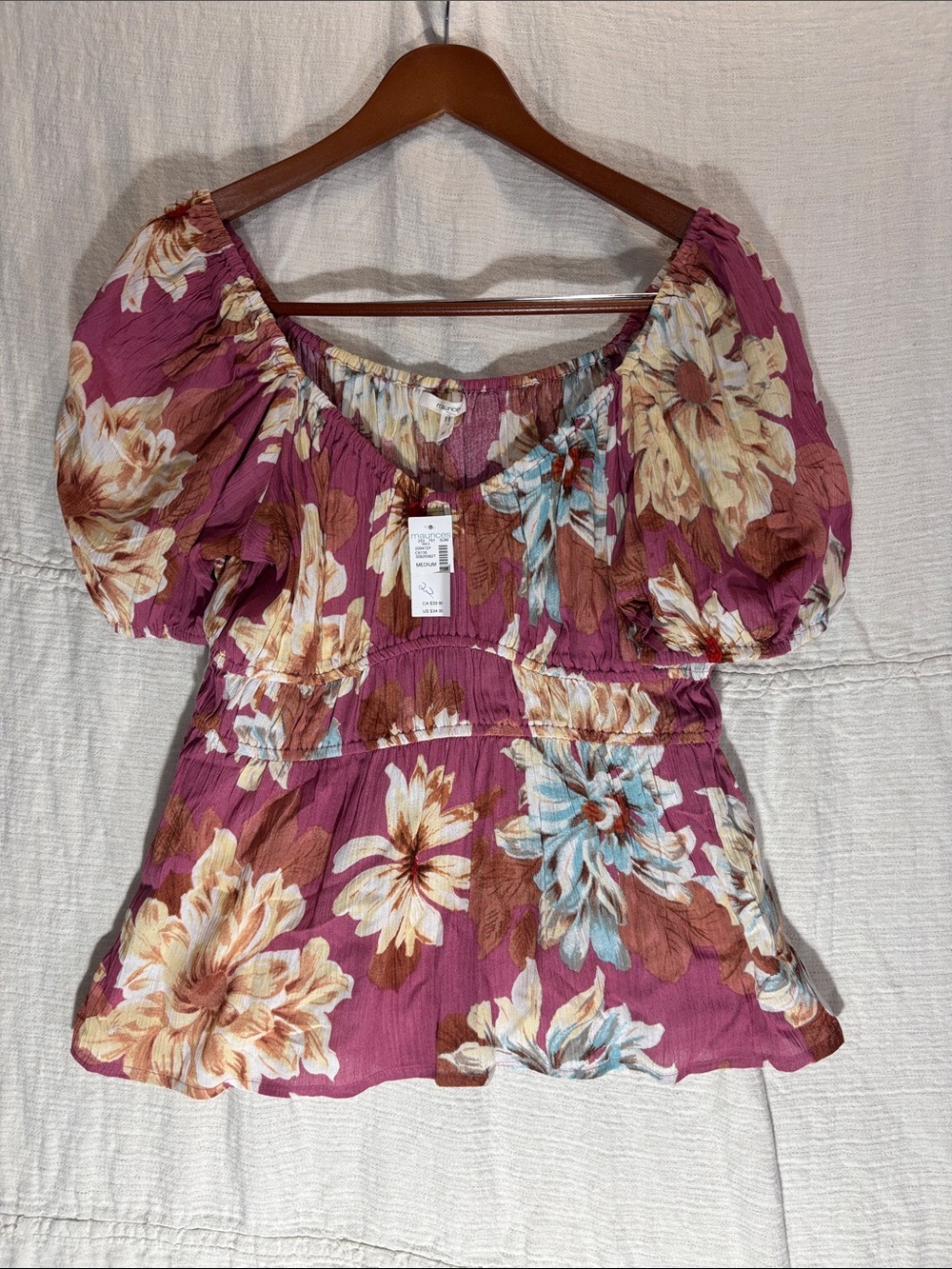 Maurices Rose-Mauve Floral Puff Sleeve Peasant Top